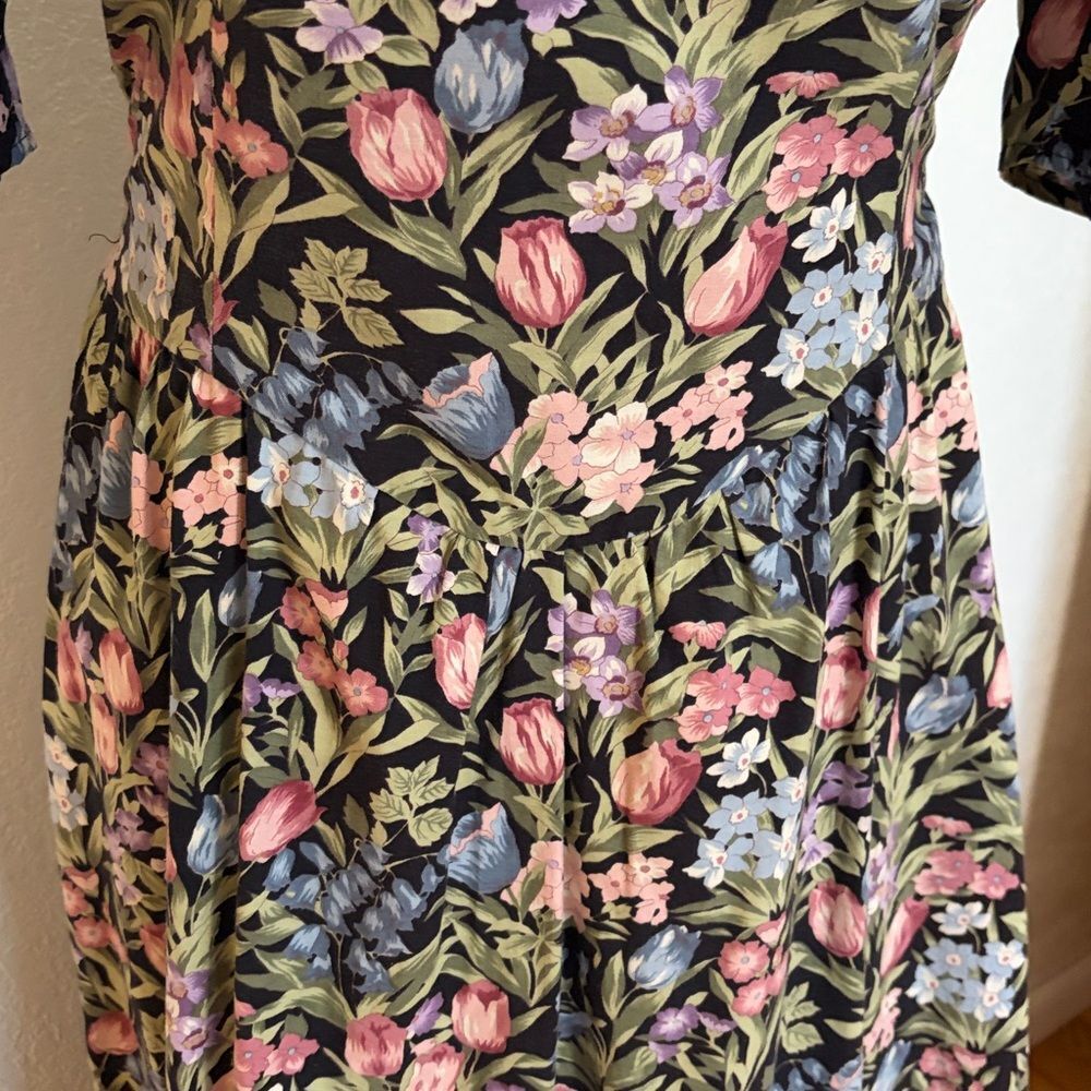 Vintage Prarie Princess Floral Midi Dress Puff Sleeves Basque Waist Cottagecore - Picture 6 of 7